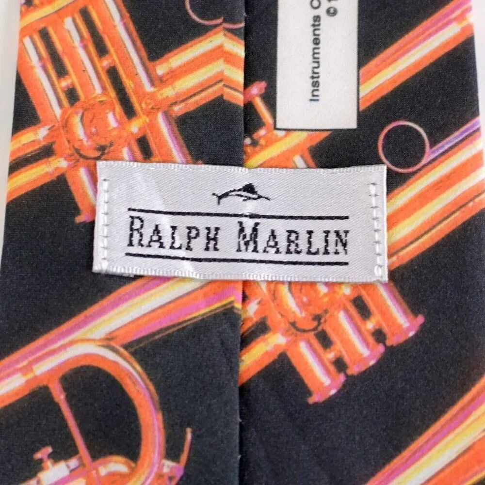 Vintage Ralph Marlin Light Black Orange Trumpeter Short Polyester Tie‎